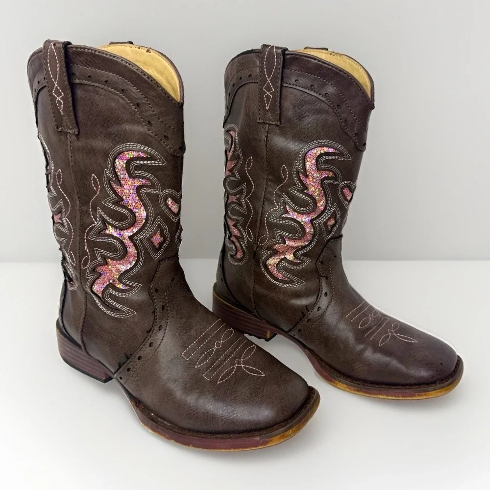 Kids Roper Brown Western Cowgirl Boots Pink Glitter Inlay Overlay Stitching